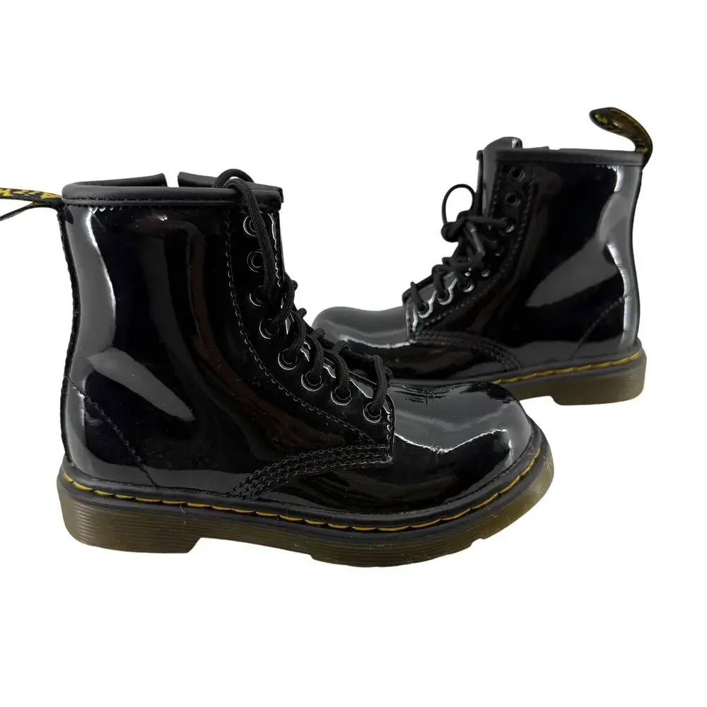 Dr. Martens Toddler Black Patent Leather Lace Up Combat Boots Size 9
